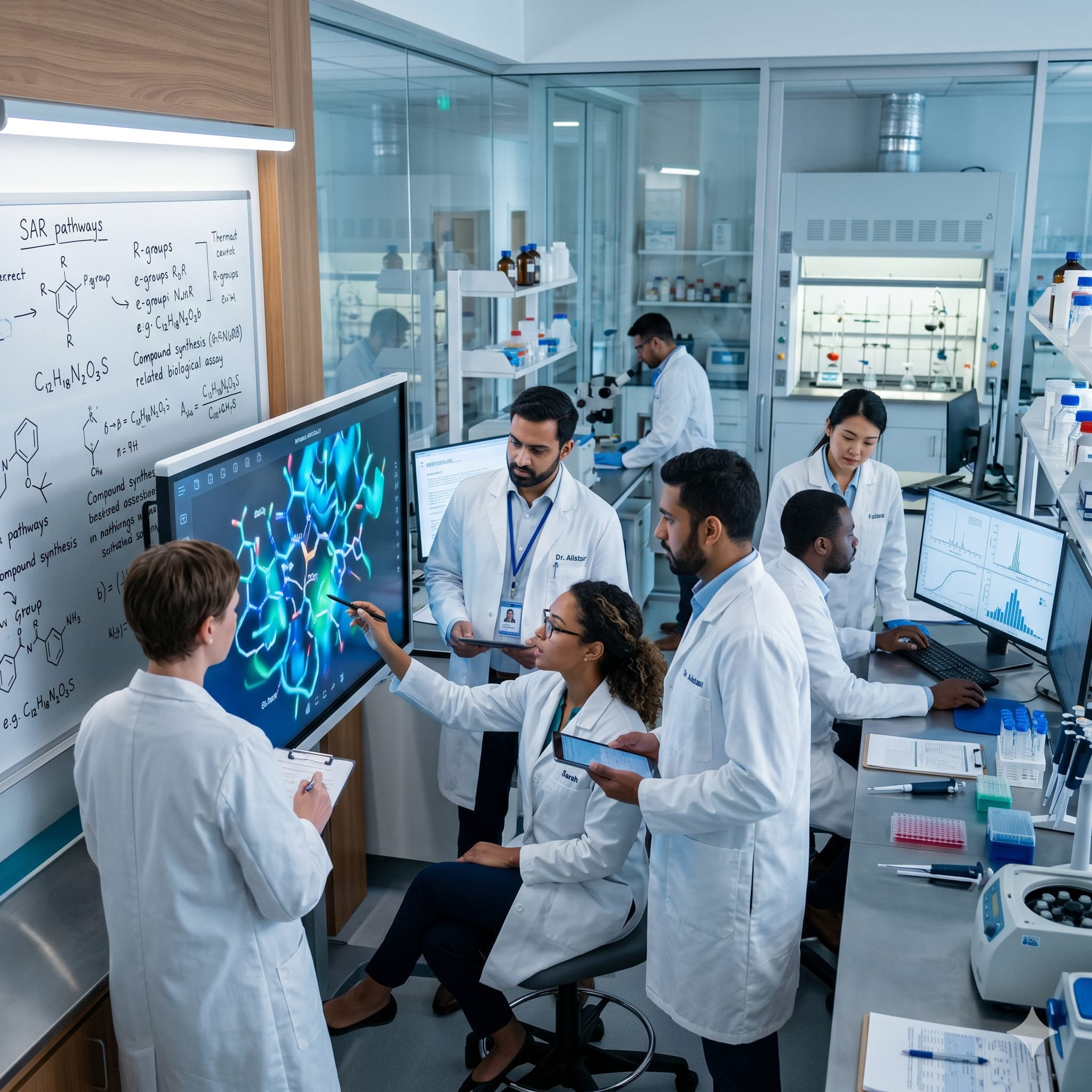 Research chemists collaborating over experimental data in an R&D laboratory
