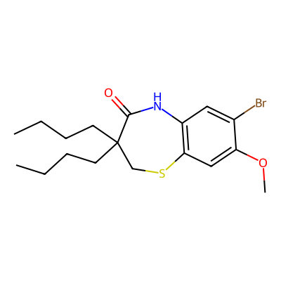 Chemical structure of 7-bromo-3,3-dibutyl-8-methoxy-2,3-dihydrobenzo[b][1,4]thiazepin -4(5H)-one