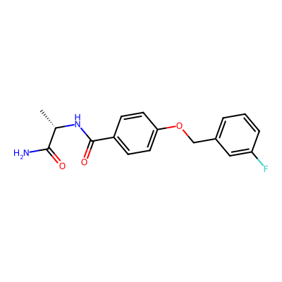 Chemical structure of N-[(2S)-1-Amino-1-oxopropan-2-yl]-4-(3-fluorobenzyloxy)  benzamide