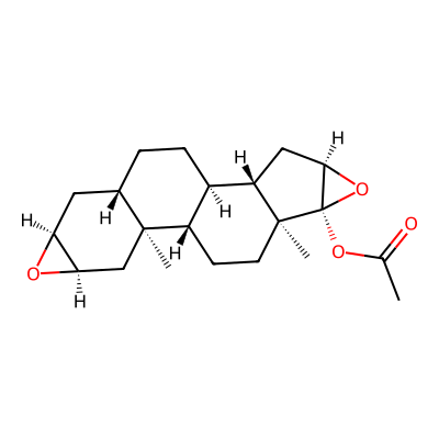 Chemical structure of 2a,3a,16a,17a-Diepoxy,17B-acetoxy-5a androstane (Bis-epoxide)